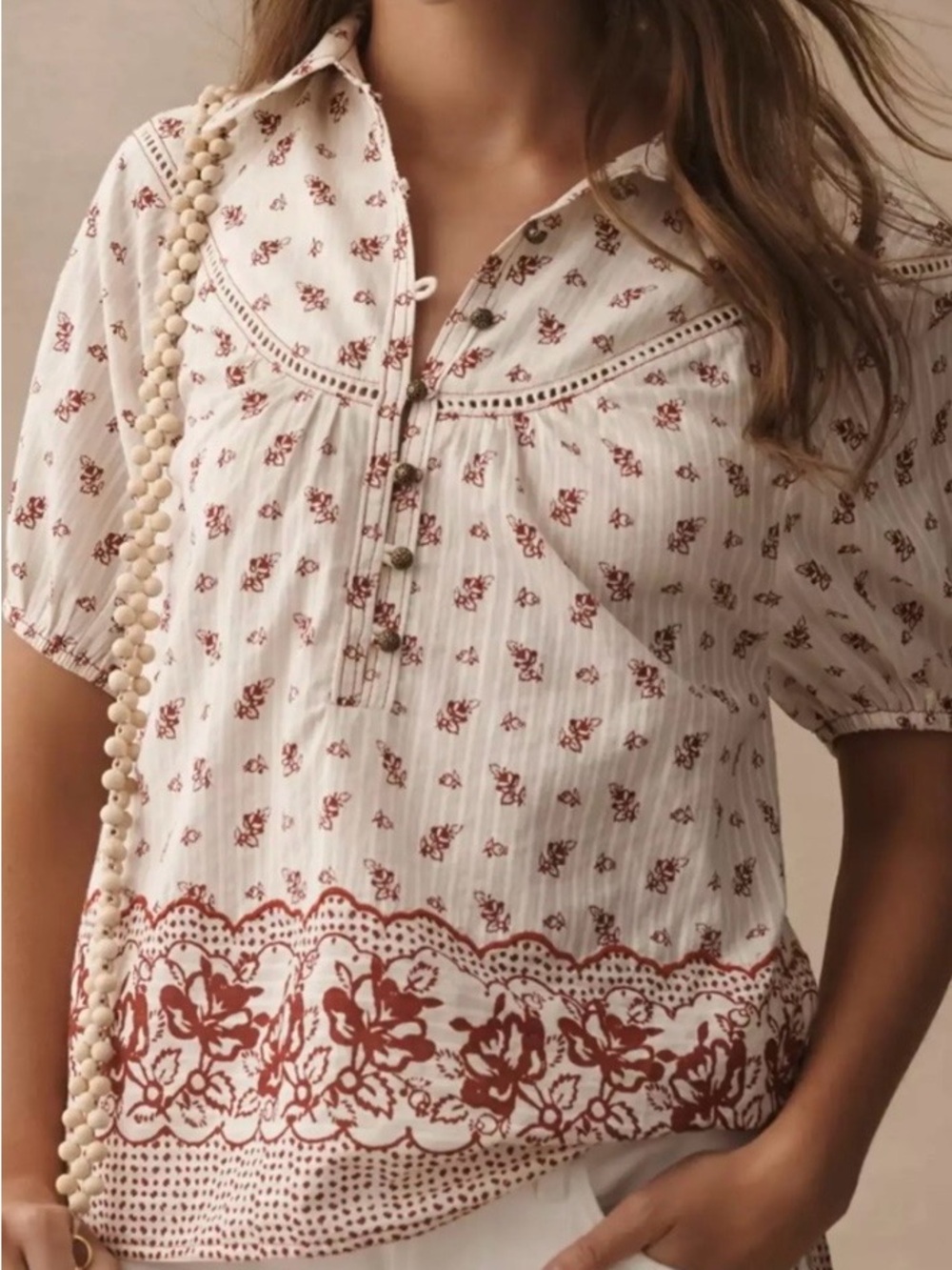 Pilcro Women’s White Floral Boho Button-Front Top Size Small